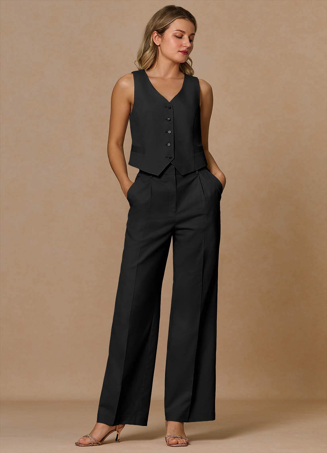 front Margaret Black Cotton Linen Blend 3-Piece Suit