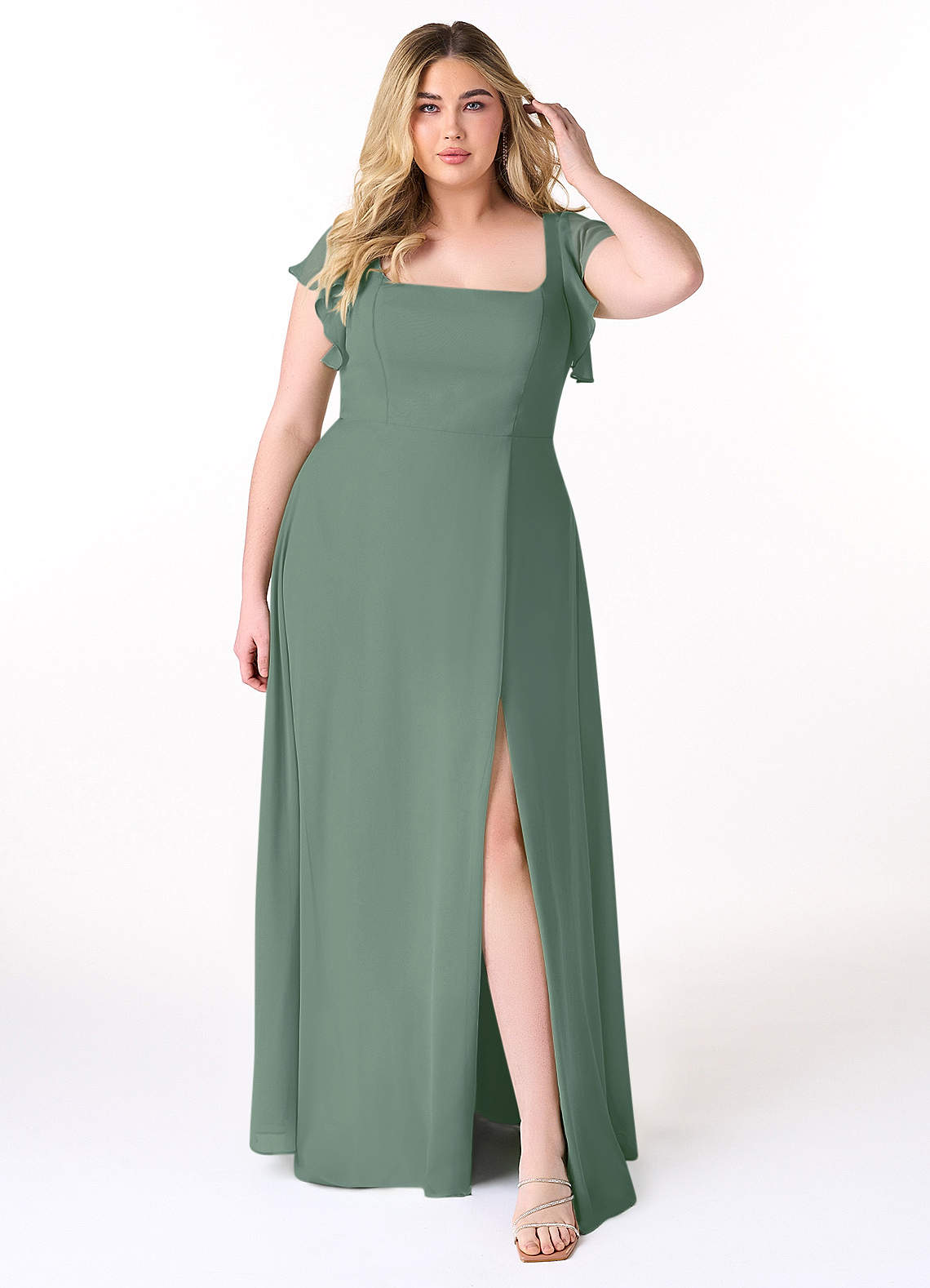 Azazie Bondi Bridesmaid Dresses Eucalyptus A-Line Ruffled Chiffon Dress image6