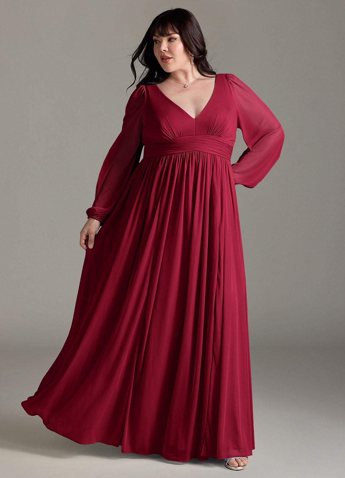 Azazie Norah Bridesmaid Dresses Burgundy A-Line V-Neck Long Sleeve Chiffon Dress image7