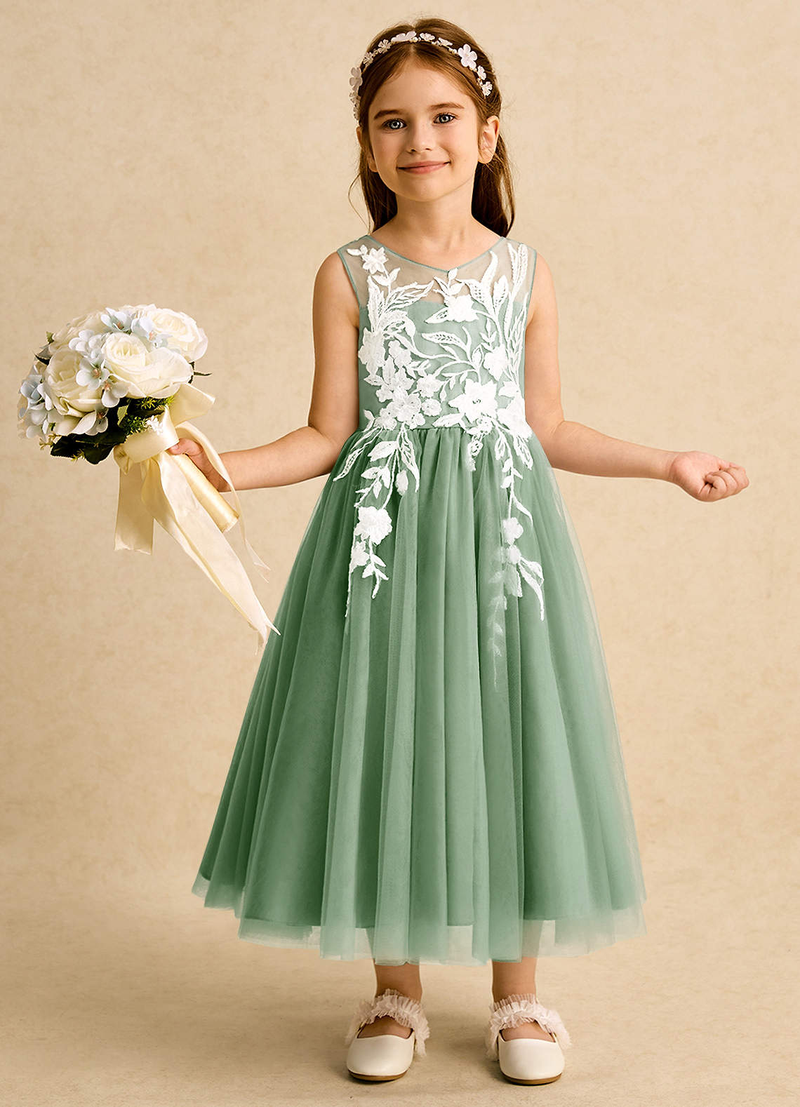 Azazie Sundae vestidos de niña de las flores Vestido de Matcha de Encaje de Princesa image1