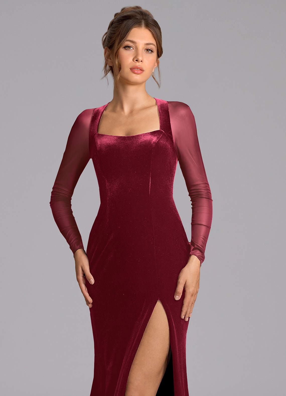 Azazie Megan At-home Try On Dresses Burgundy Mermaid Long Sleeve Mesh Dress image5