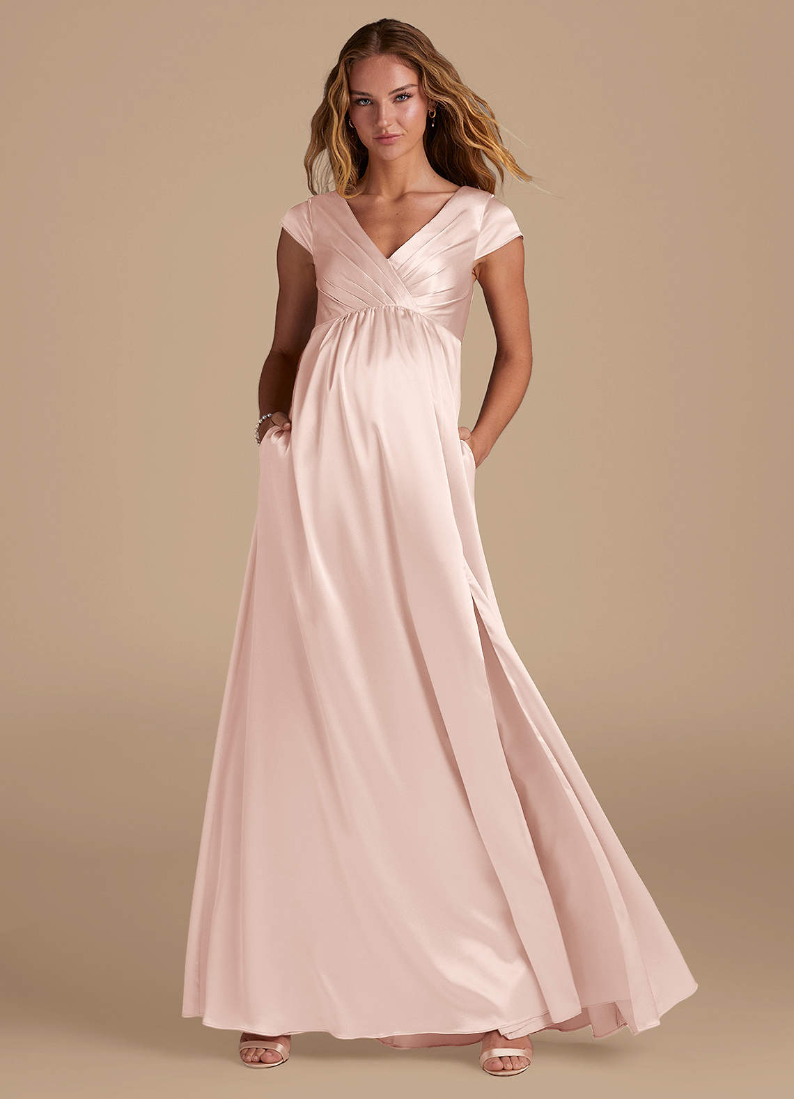 Azazie Allessia Maternity Bridesmaid Dresses A-Line Metallic Satin Floor-Length Dress image1