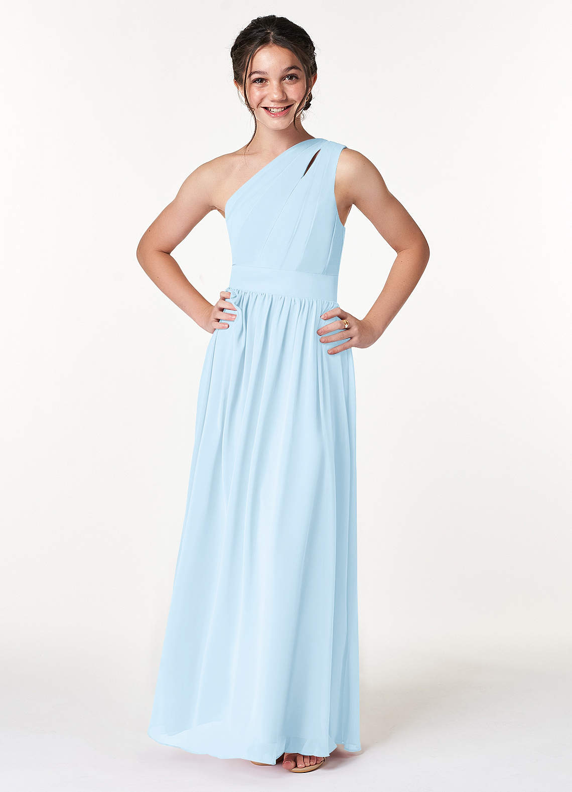 Azazie Molly Junior Vestido Céu Azul de Chiffon de Linha A com Plissado image2