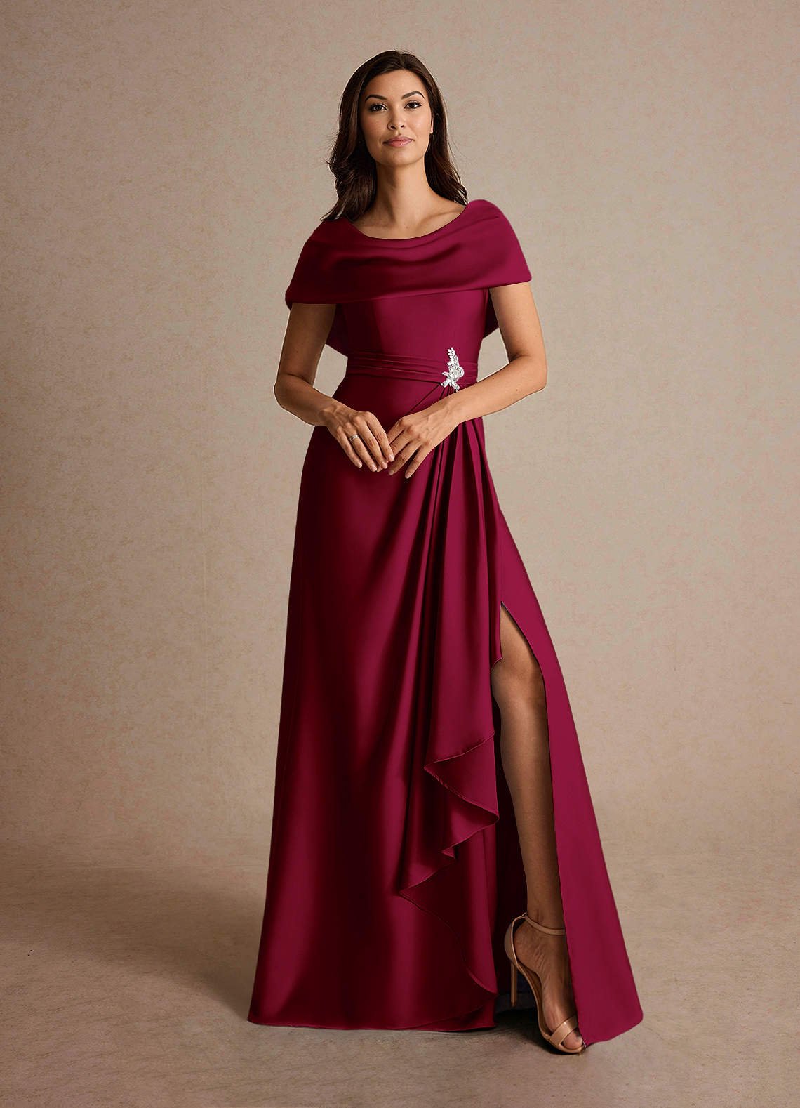 Azazie Branford Mother of the Bride Dresses Burgundy A-Line Pleated Stretch Satin Dress image6