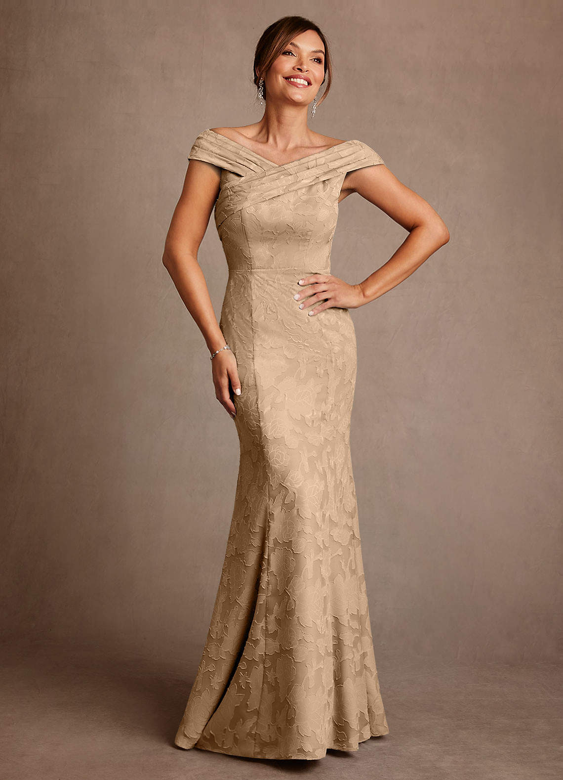Azazie Aberdeen Champagne Sheath Pleated Floral Burnout Dress | Azazie