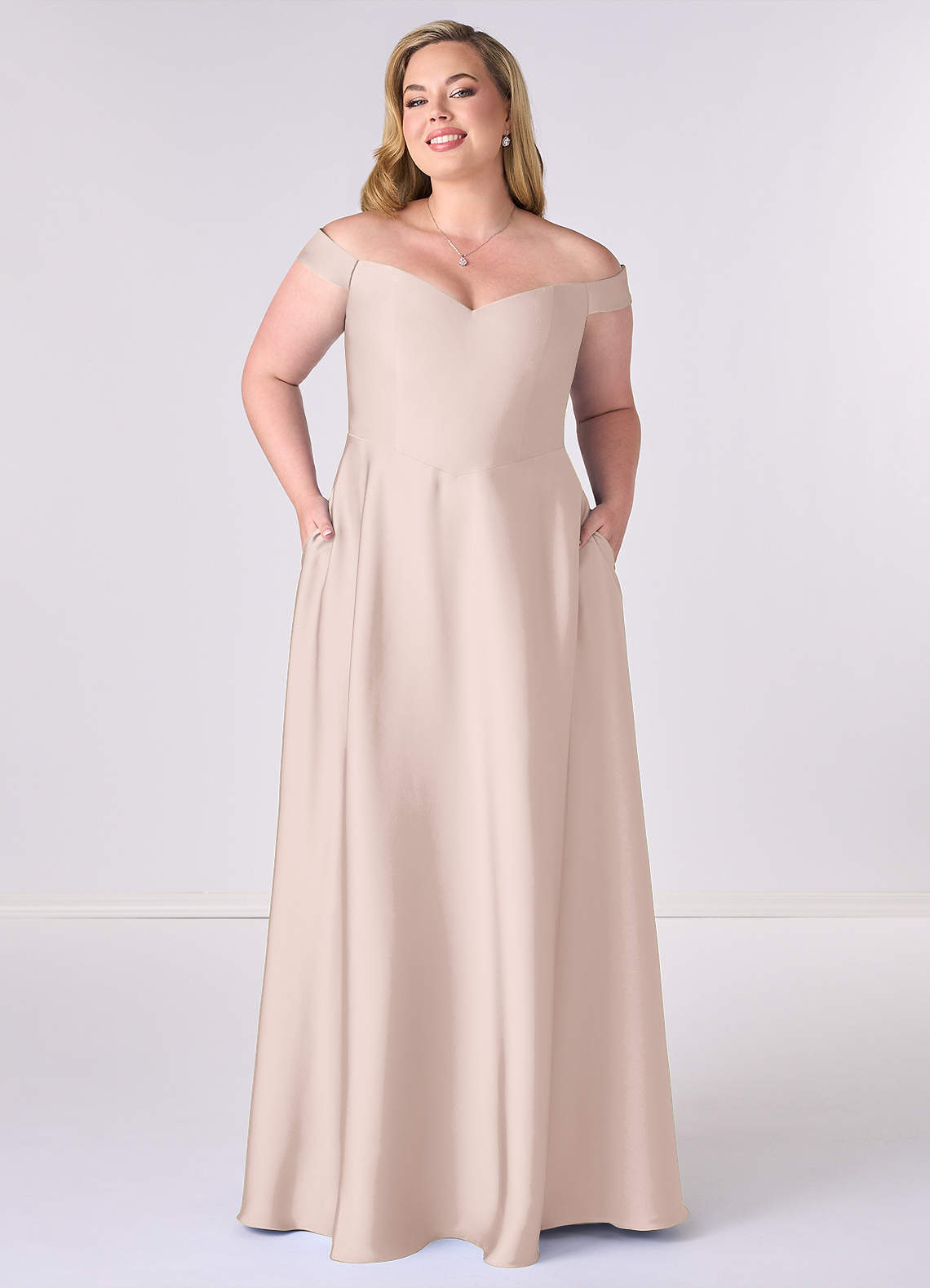 Barbie ♥ Azazie Bridesmaid Dresses Blushing Pink A-Line Off the Shoulder Stretch Satin Convertible Dress image1