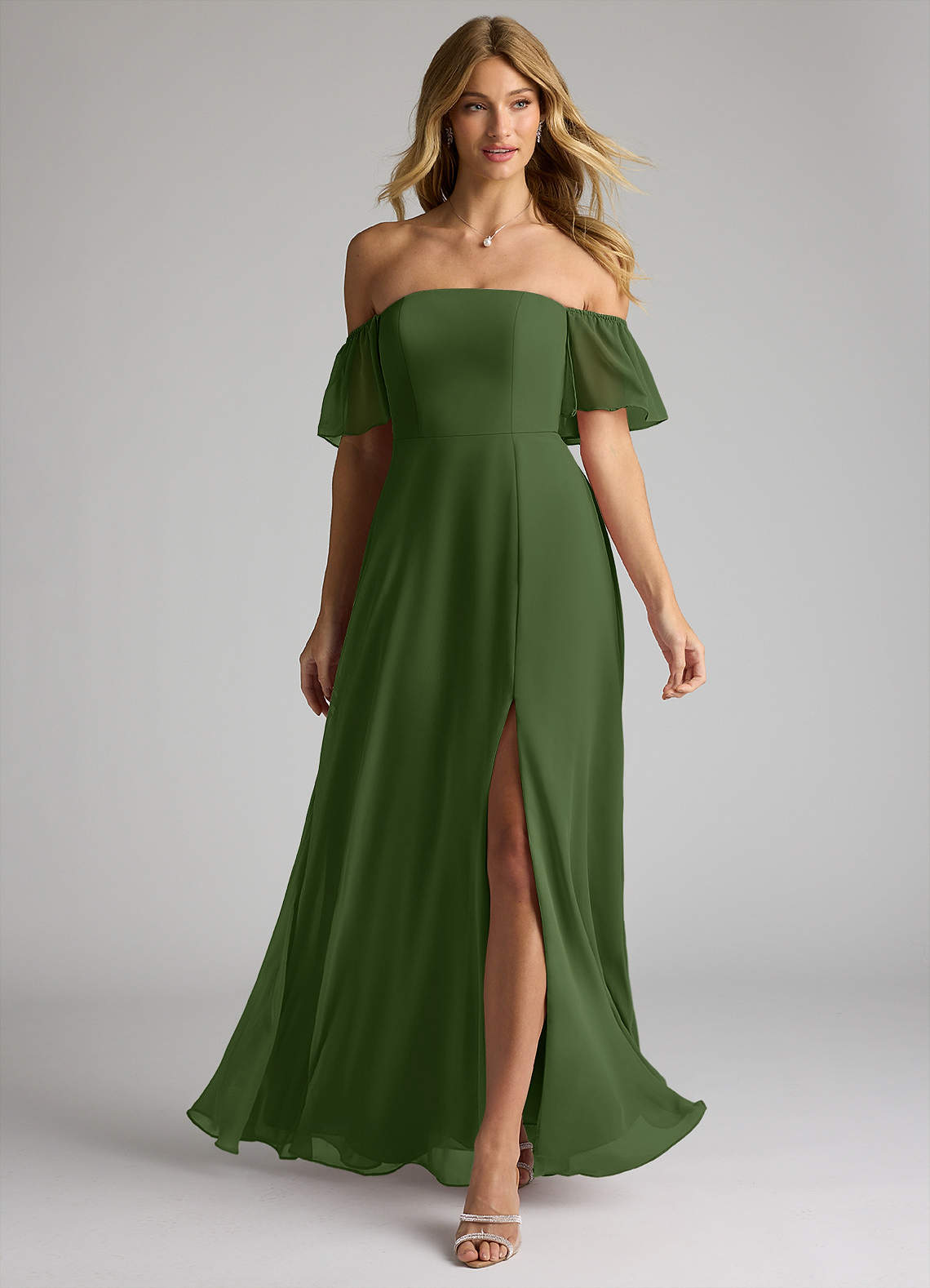 Azazie Sue Jurken voor bruidsmeisjes Converteerbaar Jurk van Chiffon met A-Lijn Off the Shoulder Olijf image1