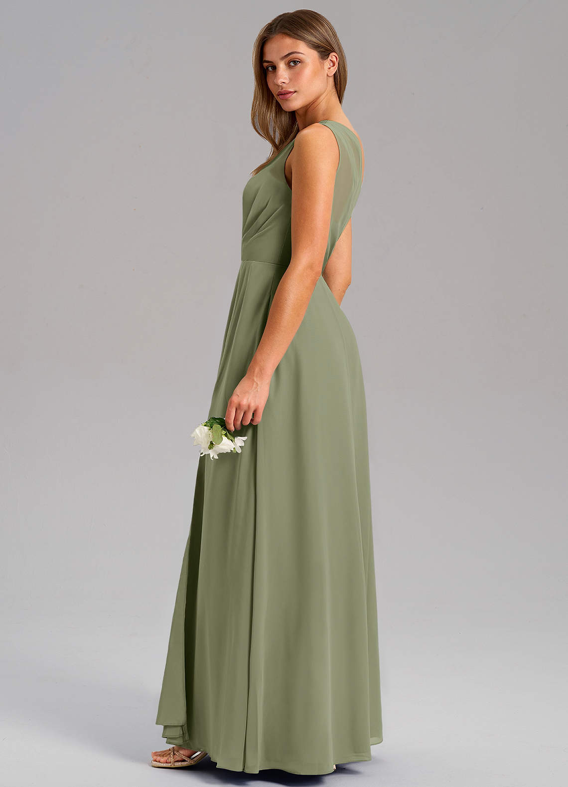 Azazie Phaedra Vestidos de madrinha de casamento Vestido Pistache de Chiffon de Linha A com Um ombro image5