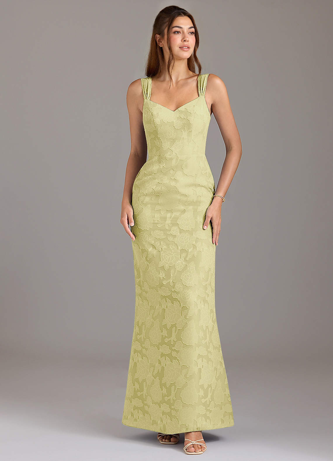 Azazie Denice Bridesmaid Dresses Lemon Sorbet A-Line Pleated Floral Burnout Dress image1