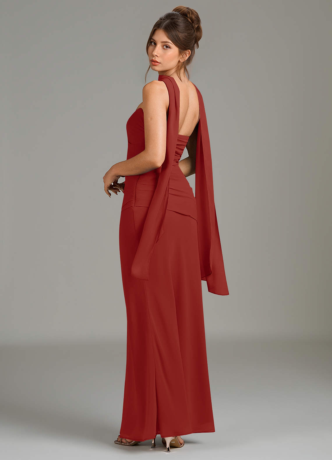 terracotta chiffon dress Off-the-Shoulder Chiffon A-Line Long Bridesmaid Dress in Terracotta, Terracotta / 14