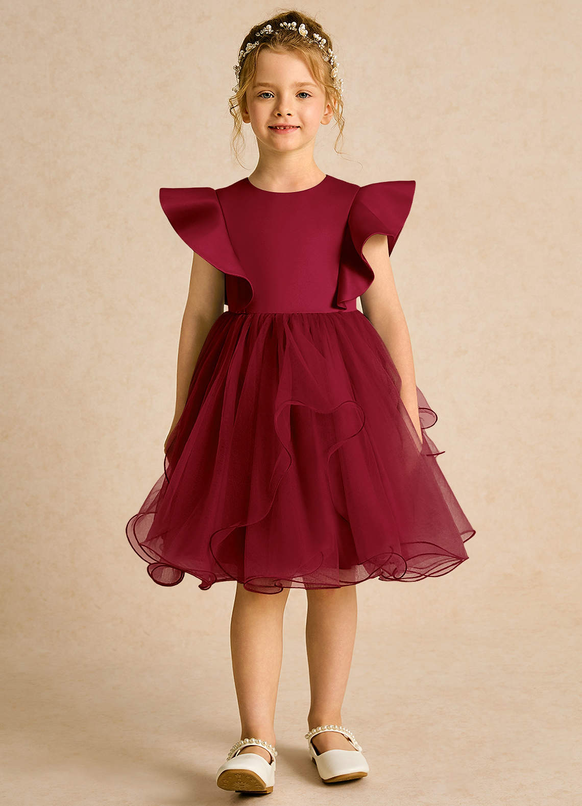 Azazie Chirp Flower Girl Dresses Burgundy Ball-Gown Tulle Dress image1