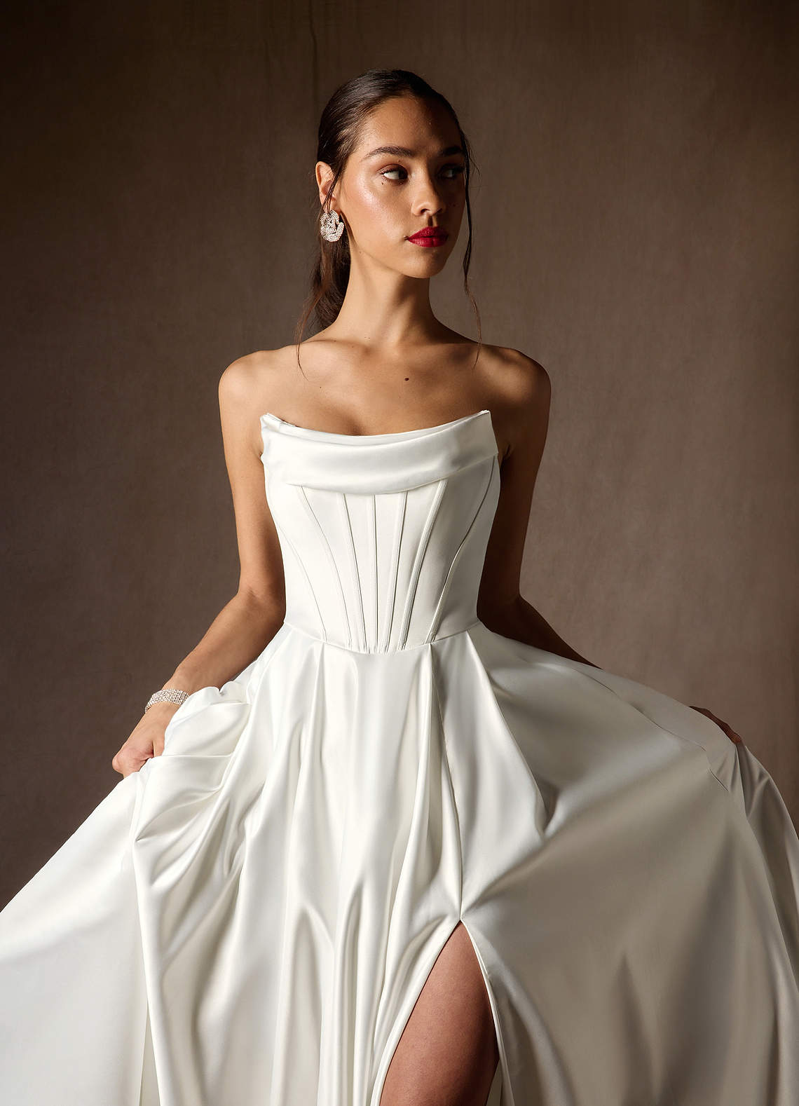 Azazie Katalina At-home Try On Dresses Diamond White Ball-Gown Strapless Satin Dress image1