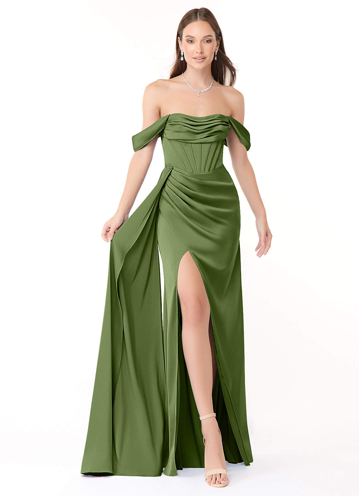 Azazie Amyra Bridesmaid Dresses Juniper Sheath Off the Shoulder Stretch Satin Convertible Dress image1