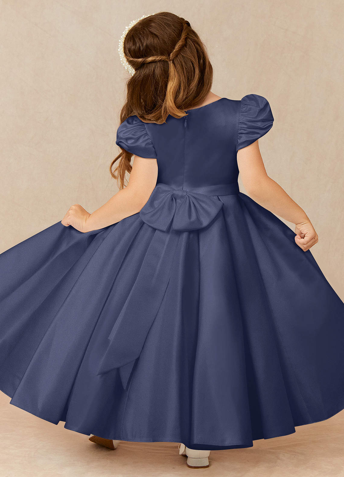 Steel Blue Ball-Gown Pleated Matte Satin Dress