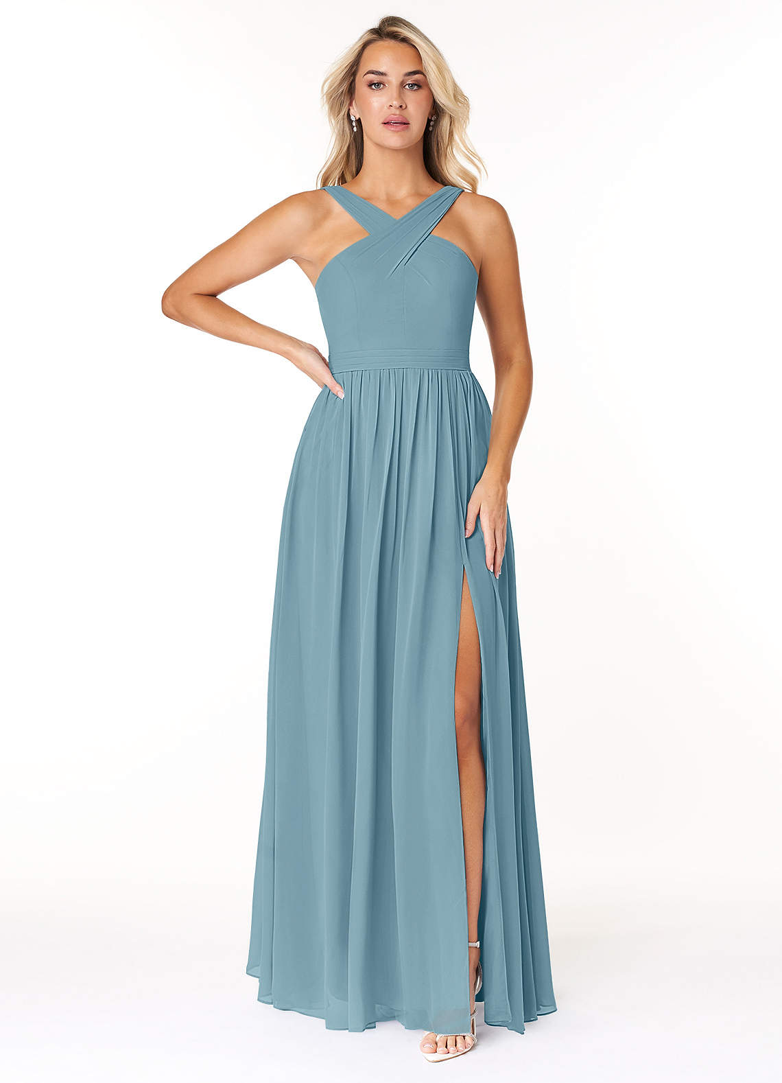 Azazie Elvira Bridesmaid Dresses Moody Blue A-Line Pleated Chiffon Dress image1