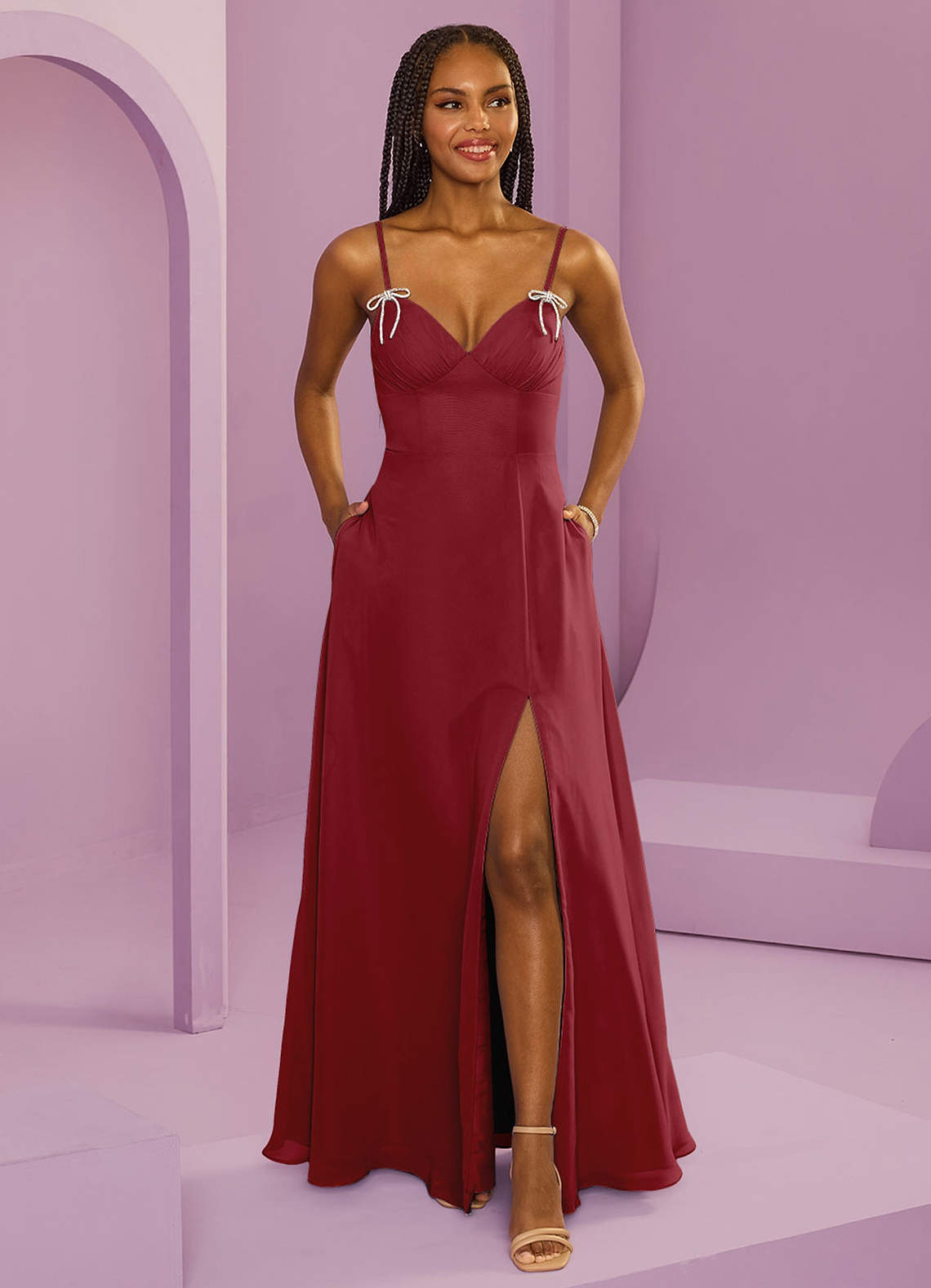 Barbie ♥ Azazie Brautjungfernkleider A-Linie mit Taschen Chiffon Kleid Granatapfelrot image1