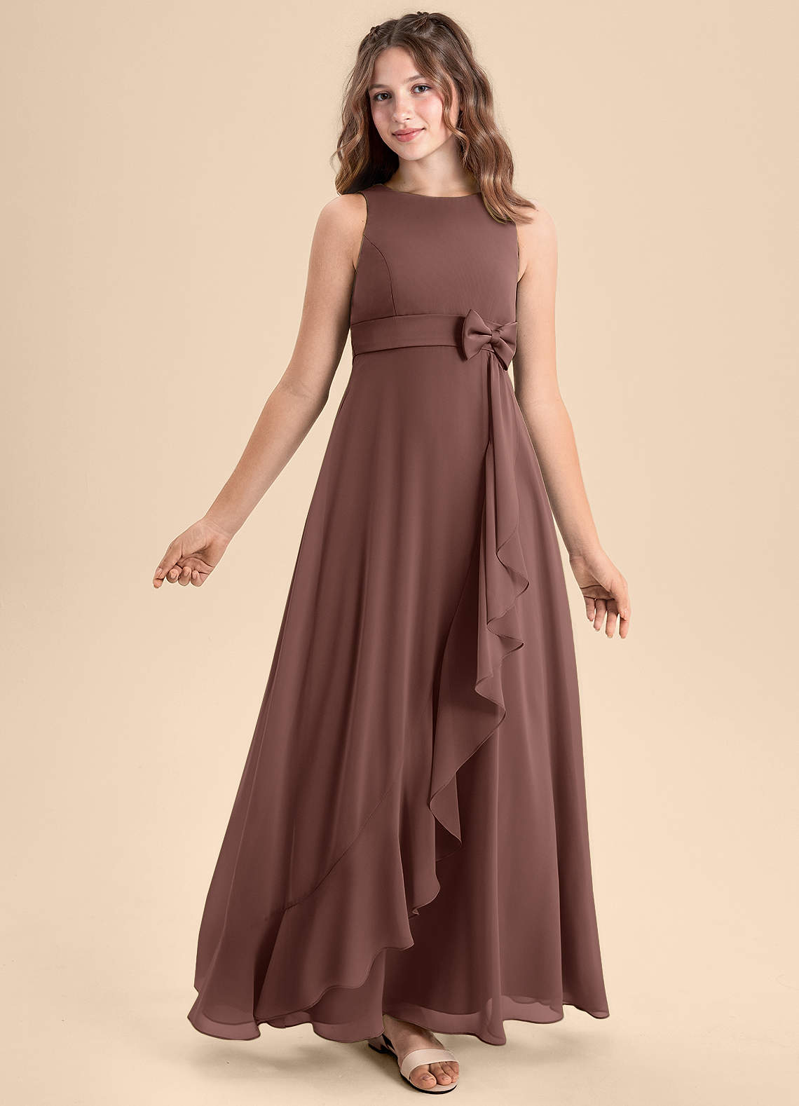 Azazie Lilenne Junior Espresso A-Line Bow Chiffon Dress image1