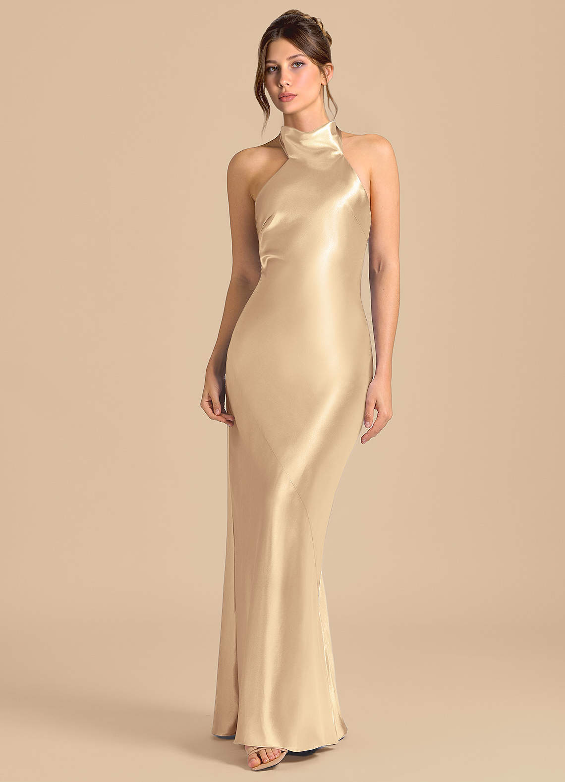 Azazie Velli Brudtärnklänningar Klä av Tubklänning i Metallisk satin Hög hals Guld image3