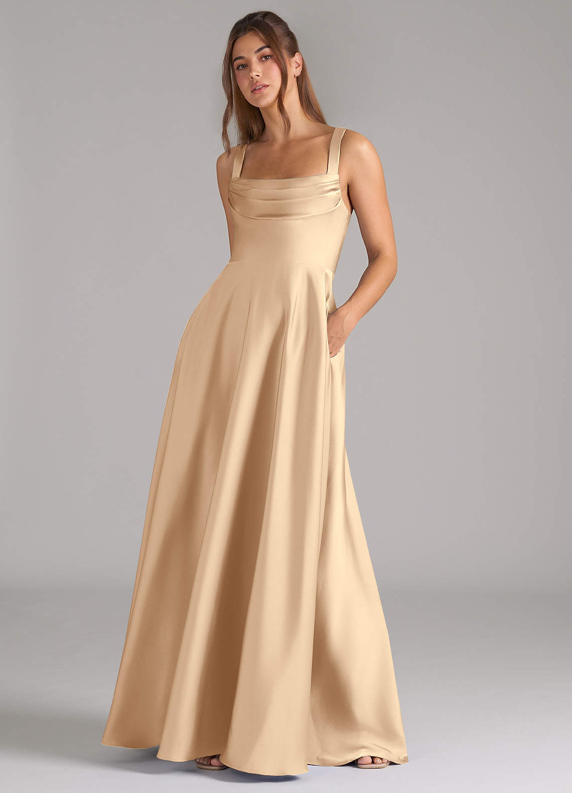 Azazie Shaude Bridesmaid Dresses Champagne A-Line Pleated Stretch Satin Dress image3