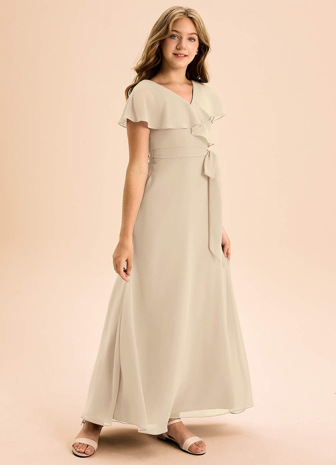 Azazie Lainey Junior Champagne A-Line with Pockets Chiffon Dress image1