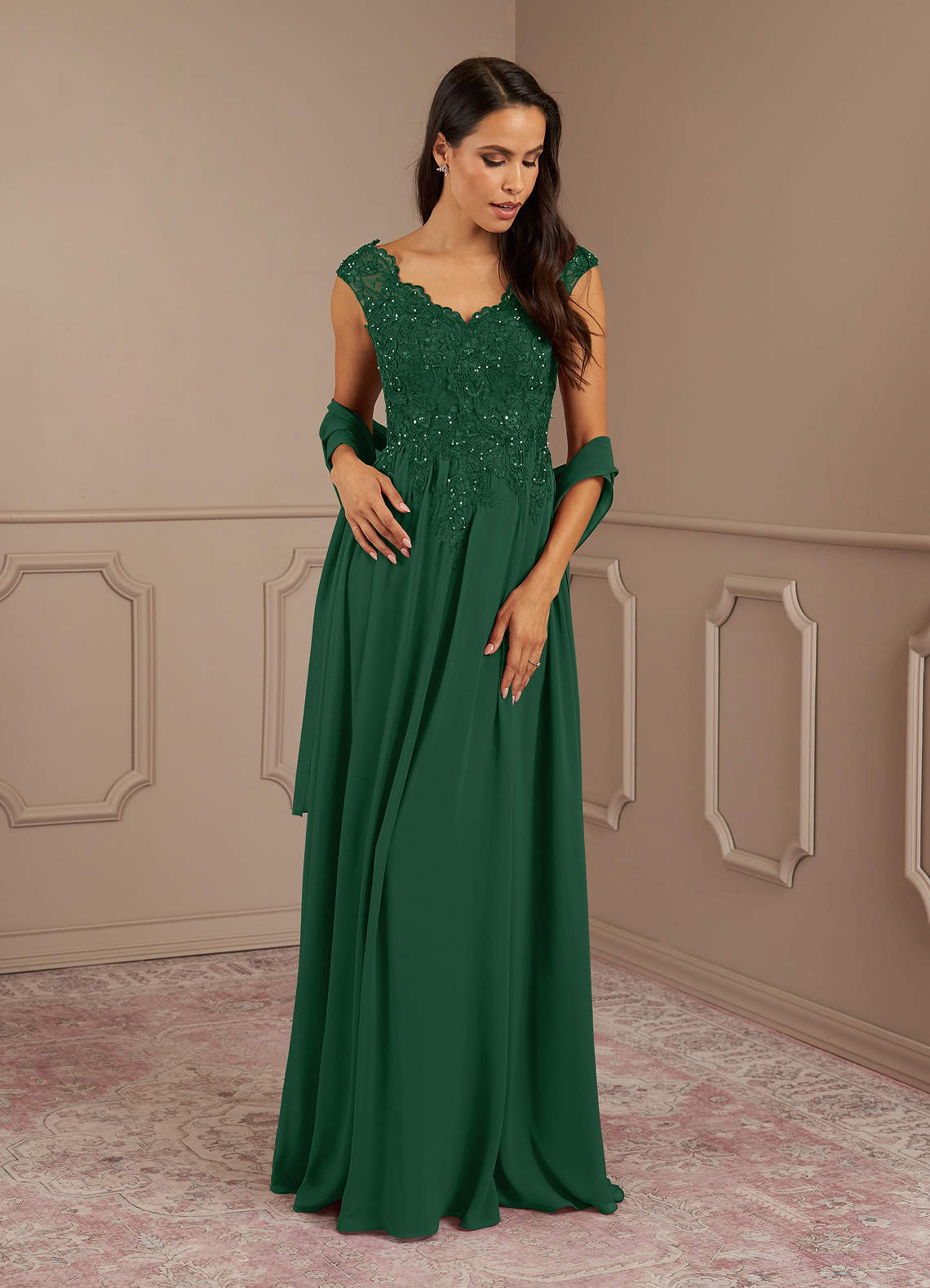 Azazie Amethyst Mother of the Bride Dresses Dark Green A-Line V-Neck Sequins Chiffon Dress image1