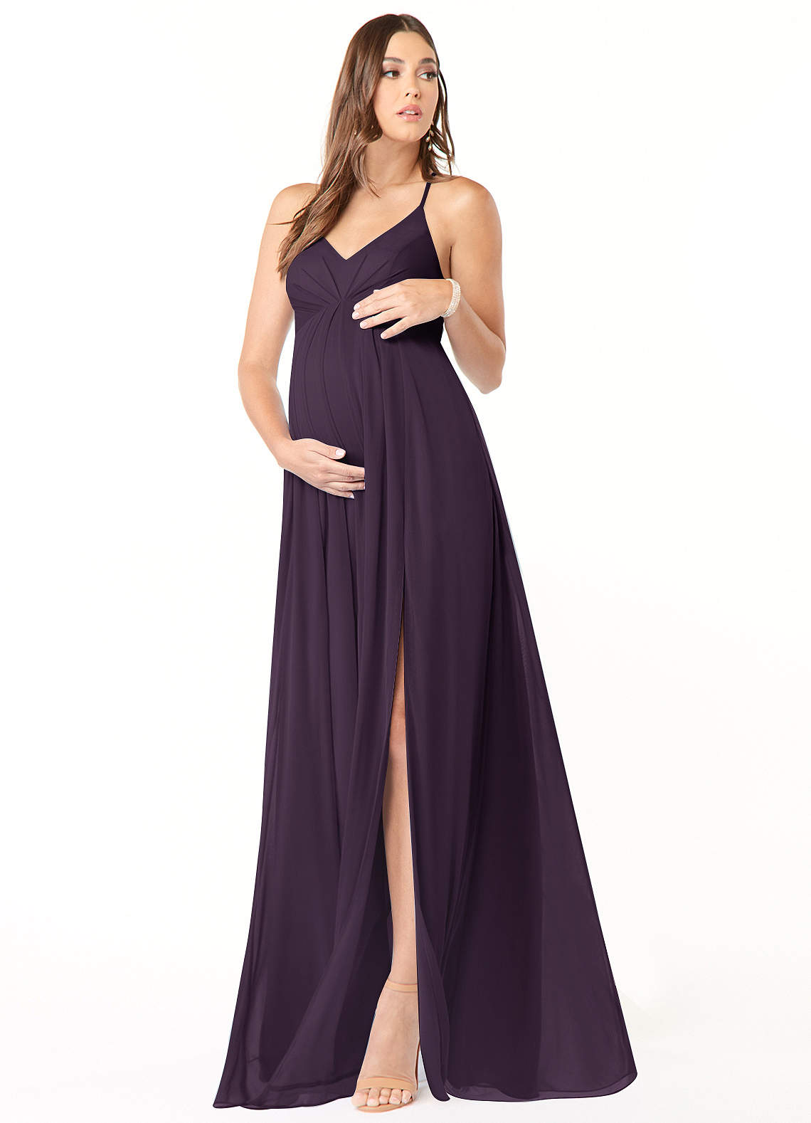 Azazie Annabelle Maternity Bridesmaid Dresses A-Line V-Neck Pleated Mesh Floor-Length Dress image1