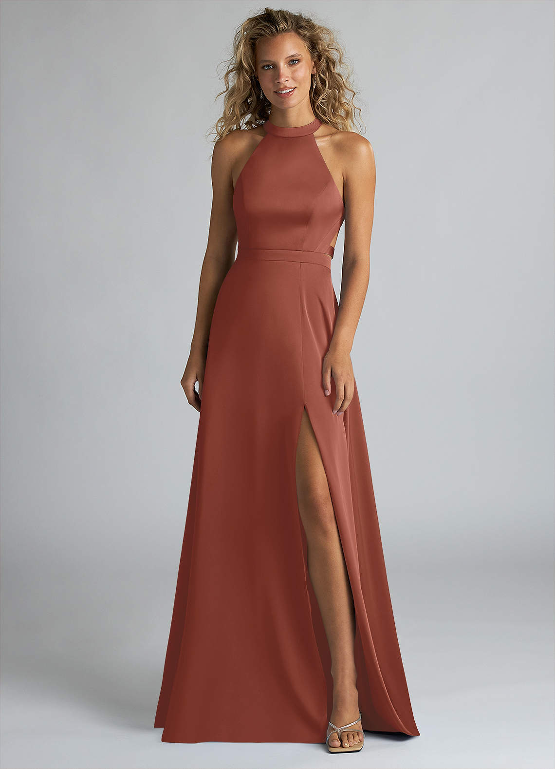 Azazie Clarice Vestidos de damas de honor Vestido de Castaño de Satén Elástico de Corte en A con Cuello Alto image3