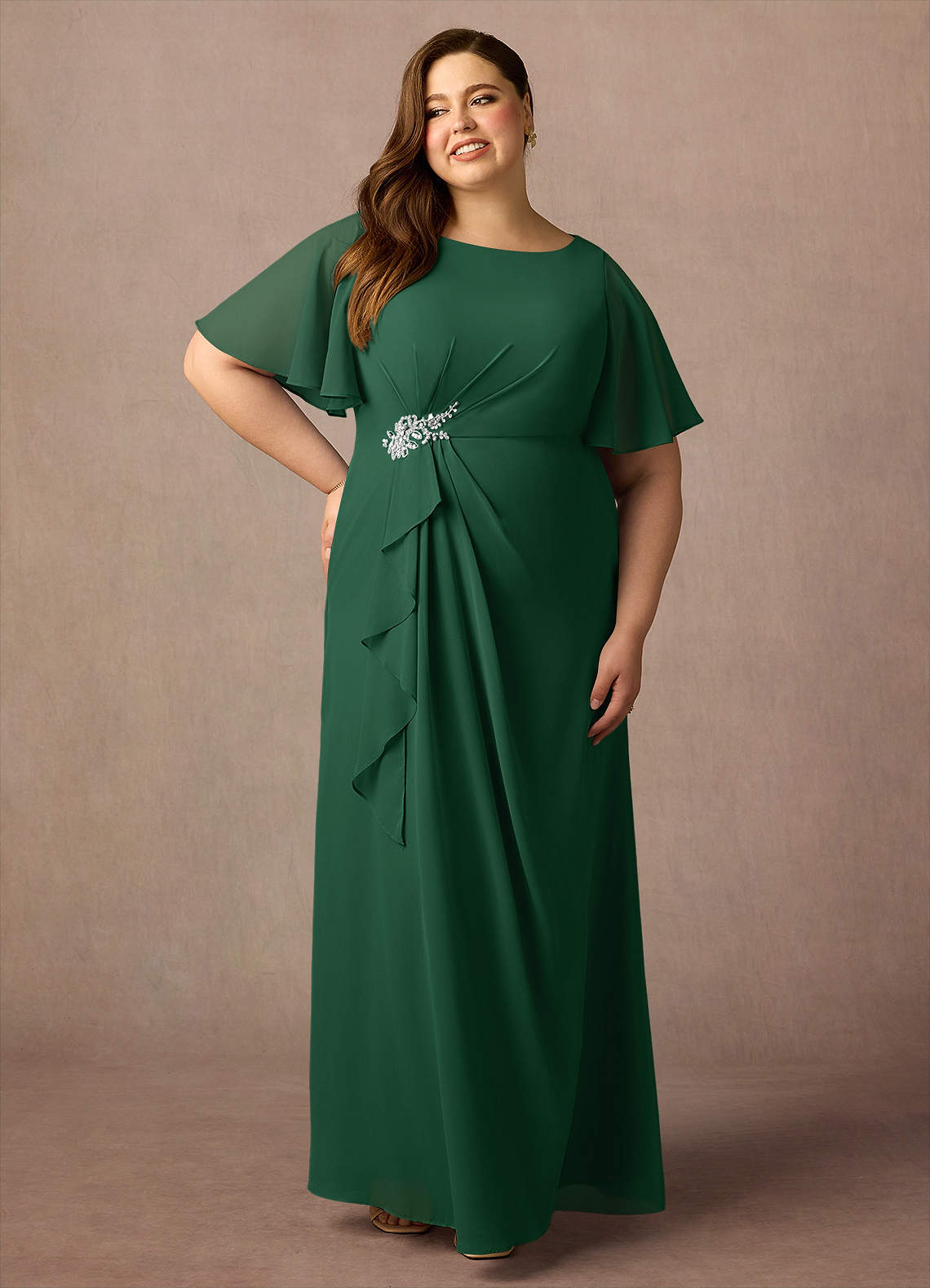 Azazie Rain Abiti per la Madre della Sposa Abito Tubino in Chiffon Perline Verde Scuro image1