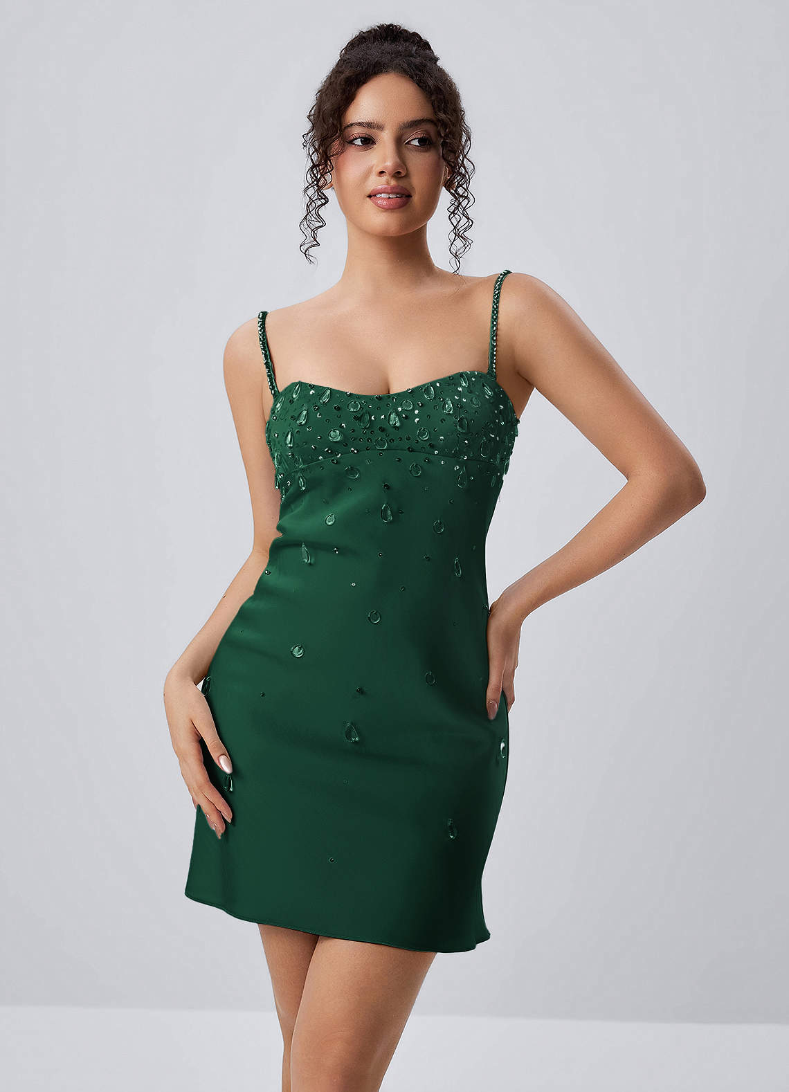 Lindrosa Emerald Green Satin Rhinestone Beading Mini Dress