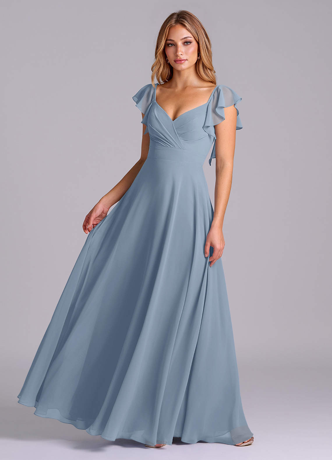 heather blue bridesmaid dresses Azazie Leilani Dusty Chiffon Pattern:B RD-03.24.25 Features secure YKK zipper Five young black women