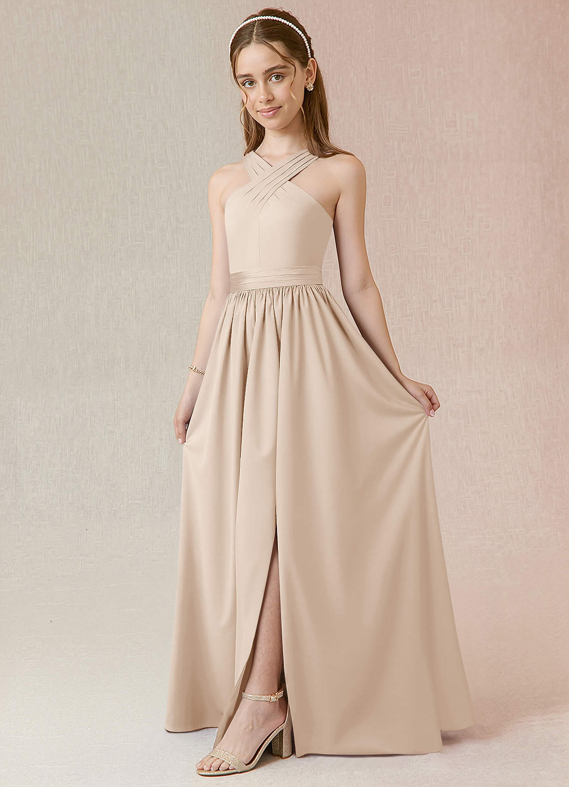 Azazie Jiya Junior White Alabaster A-Line Pleated Stretch Satin Dress image1