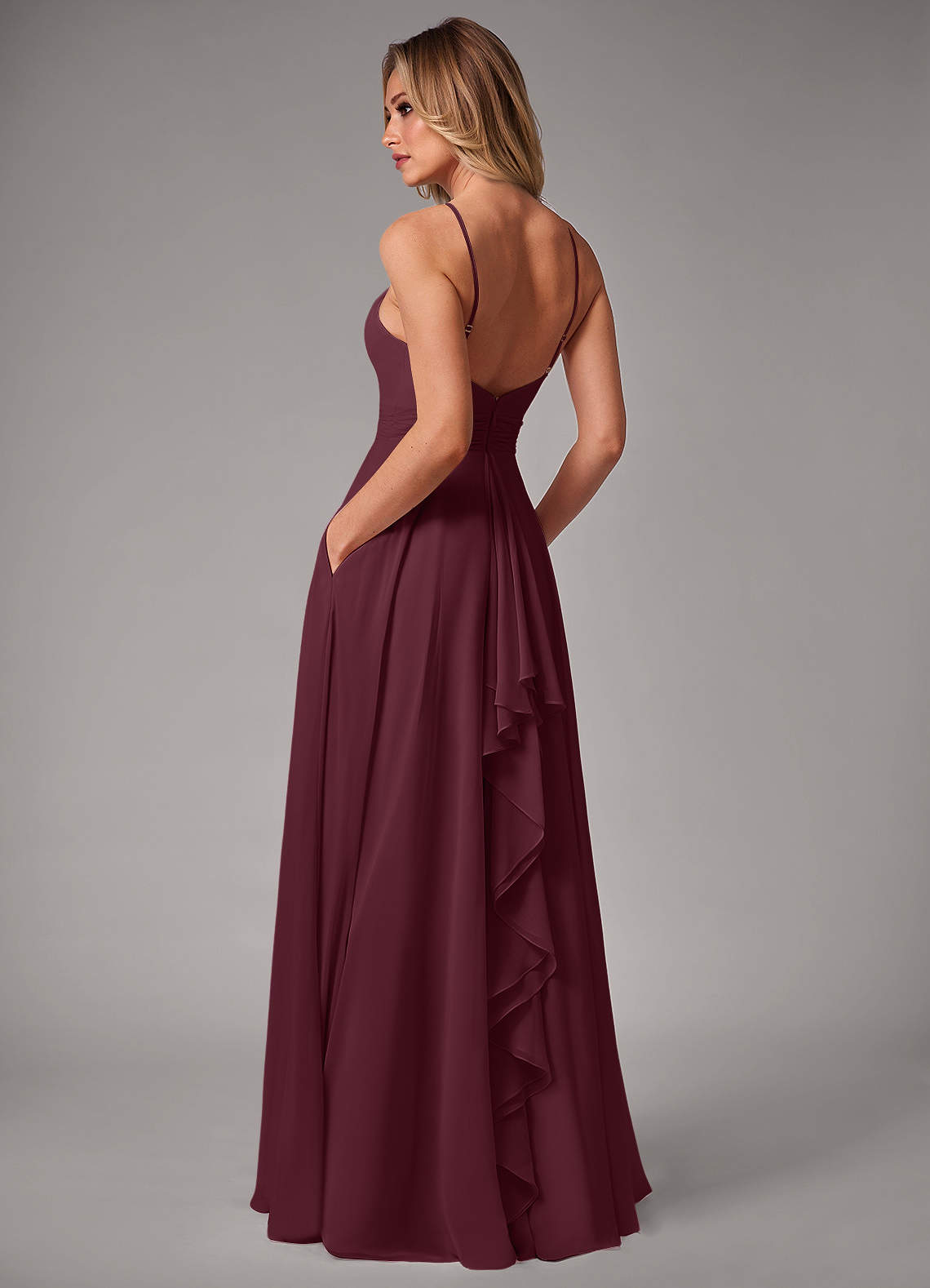 Azazie A-Line Halter Neck Floor-Length Chiffon Bridesmaid Dresses - Cabernet