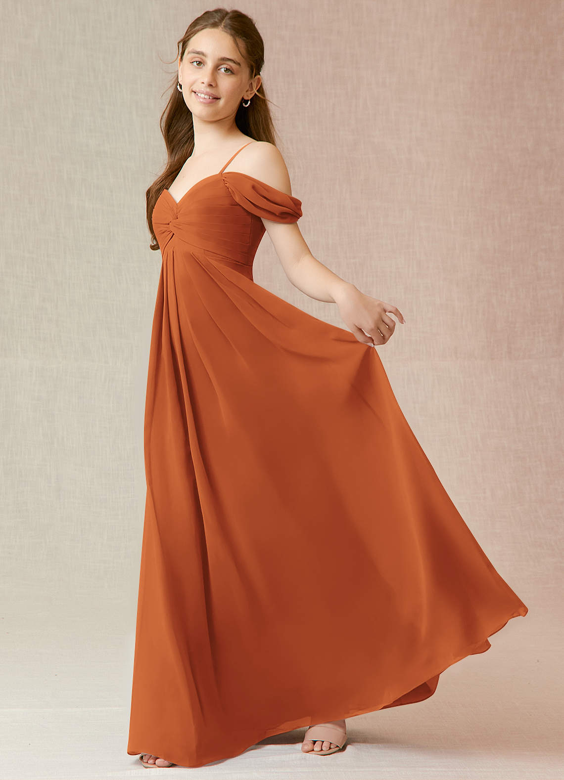 Azazie Kaitlynn Junior Cinnamon A-Line Off the Shoulder Chiffon Dress image2