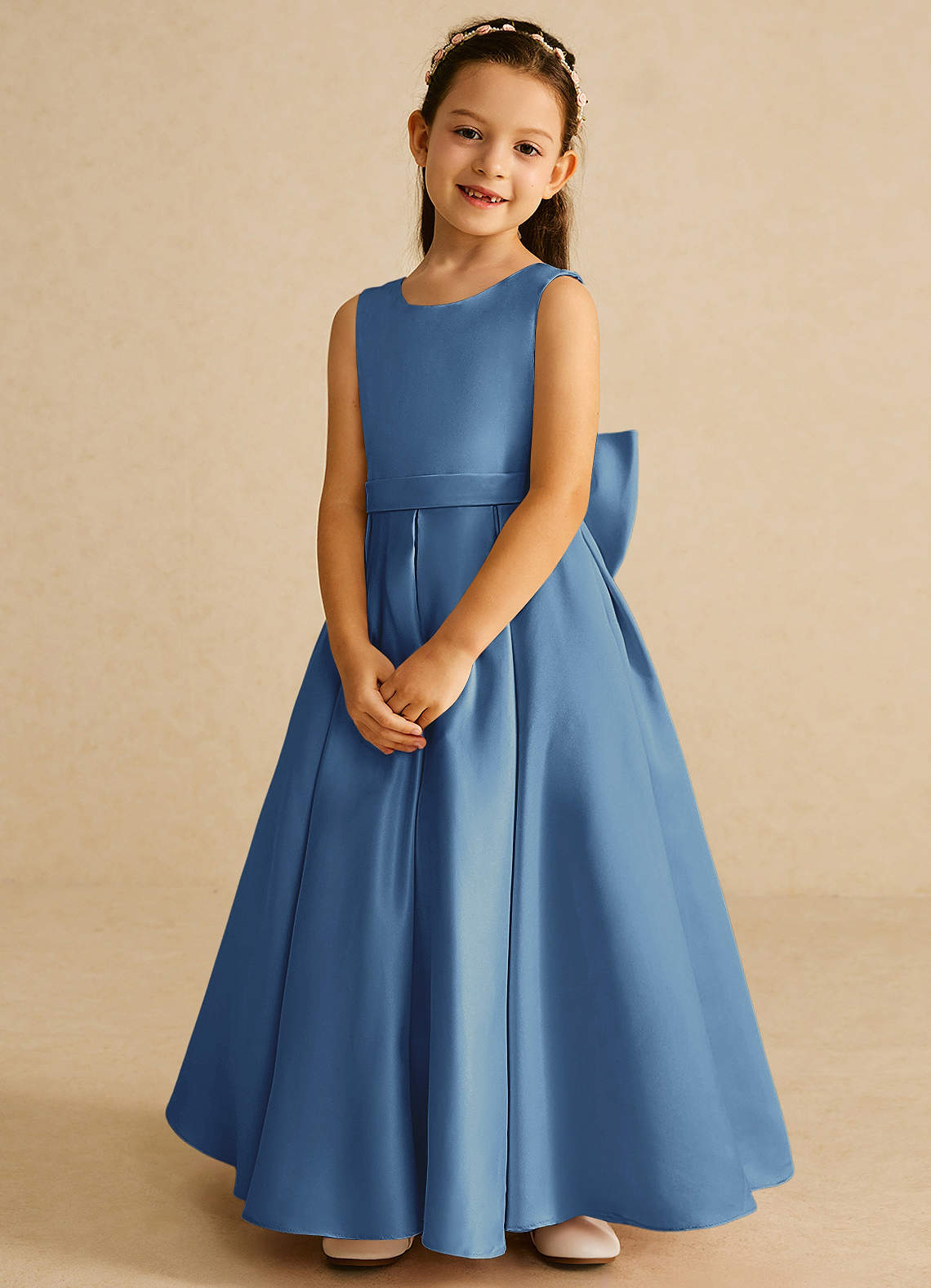 Azazie Pipsy Flower Girl Dresses Steel Blue A-Line Bow Matte Satin Dress image3