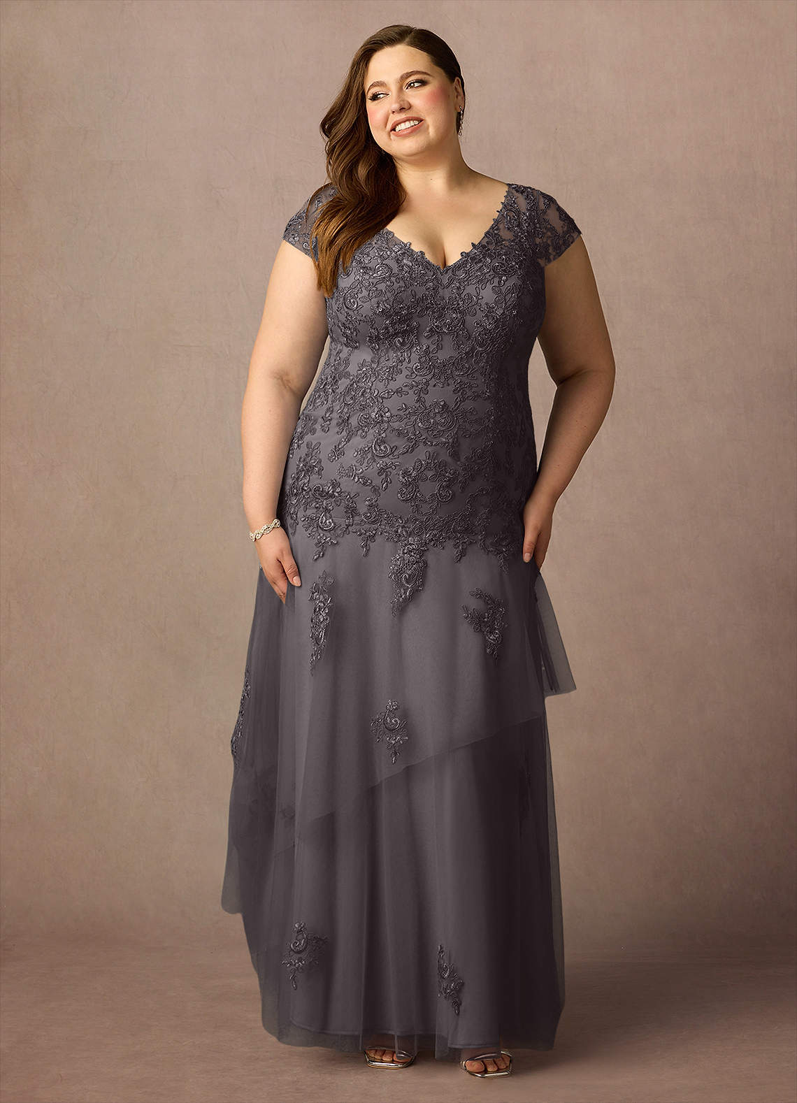Azazie Romy Final Sale Steel Grey Mermaid V-Neck Sequins Tulle Dress image1
