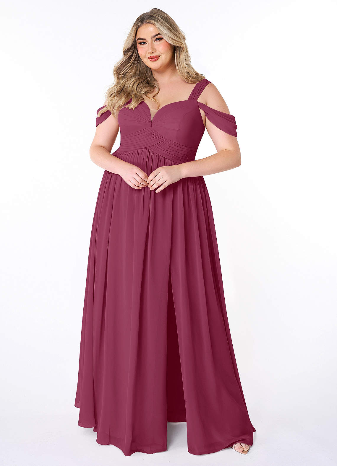 Azazie Lianne Bridesmaid Dresses Mulberry A-Line Off the Shoulder Chiffon Dress image1