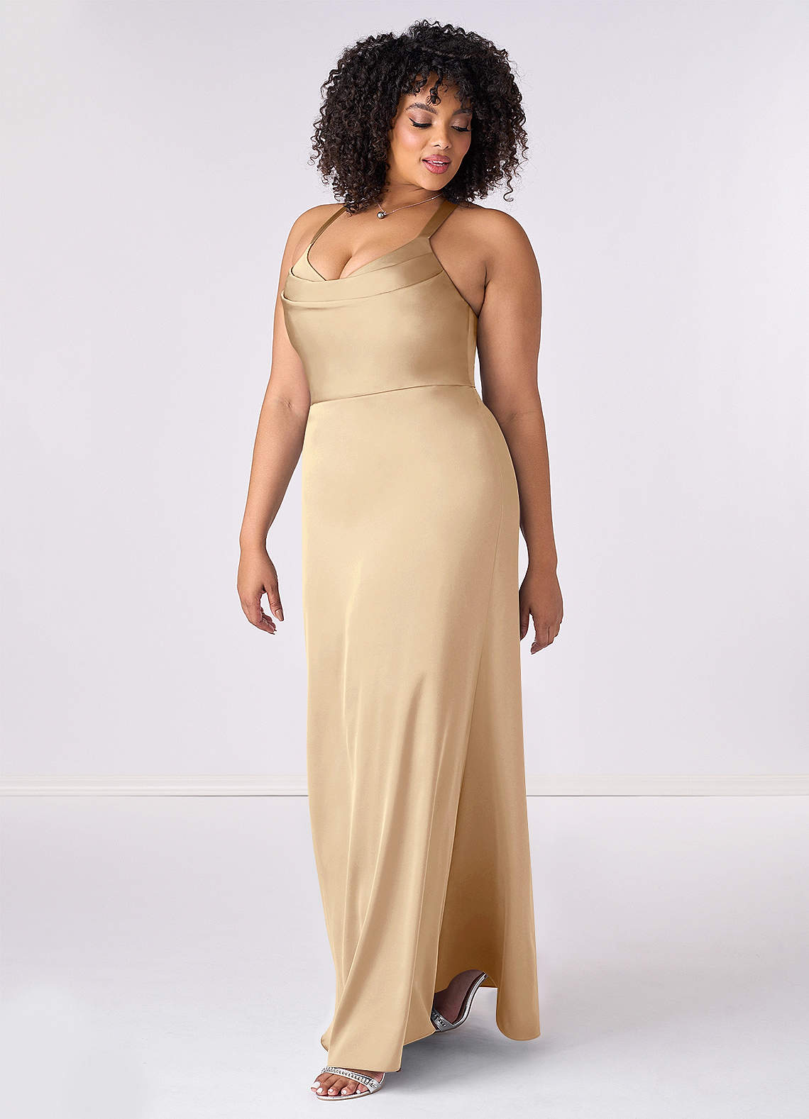 Barbie ♥ Azazie Bridesmaid Dresses Champagne Mermaid Pleated Stretch Satin Dress image8