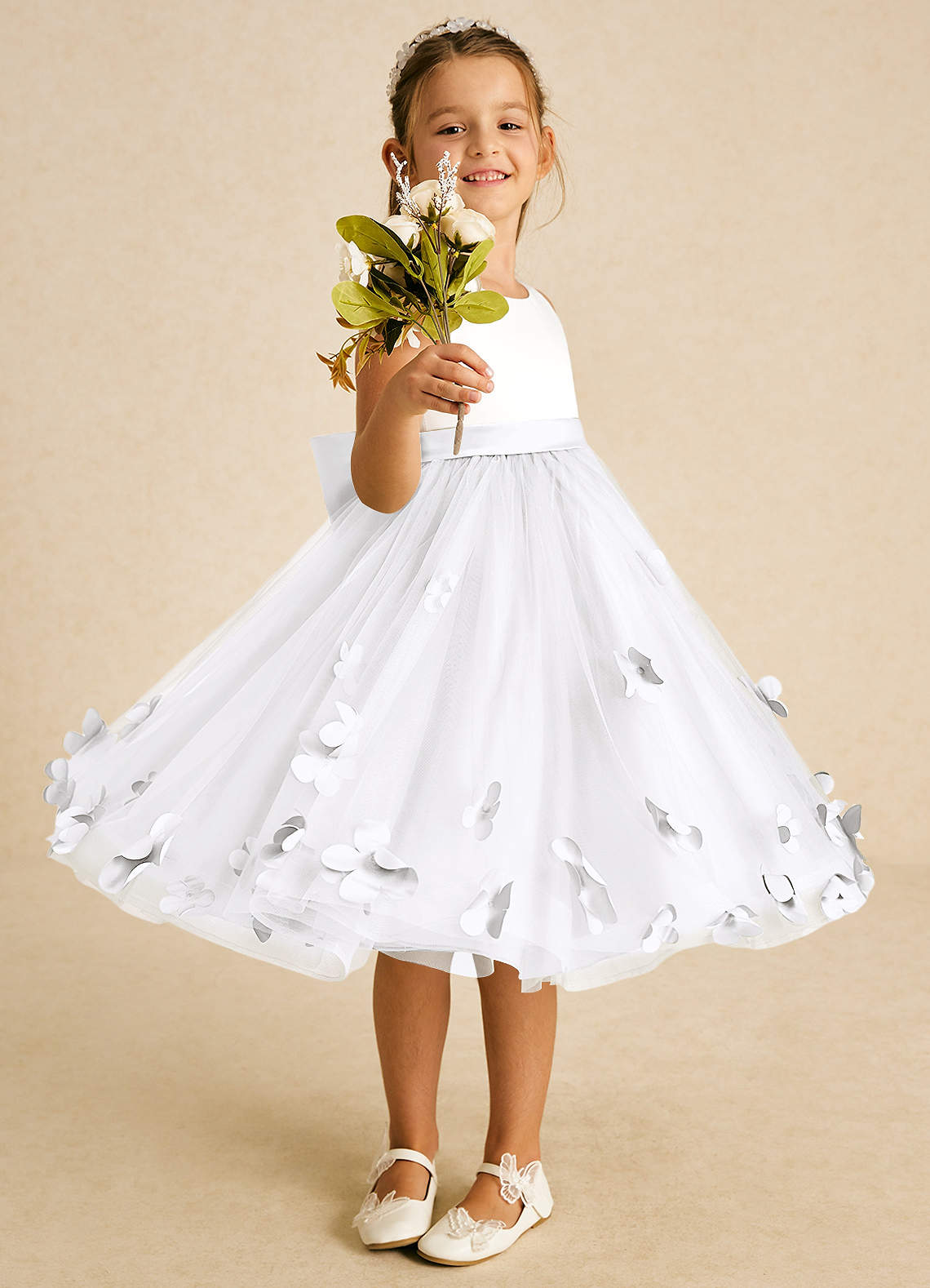 Azazie Sprout Flower Girl Dresses White A-Line Bow Tulle Dress image1