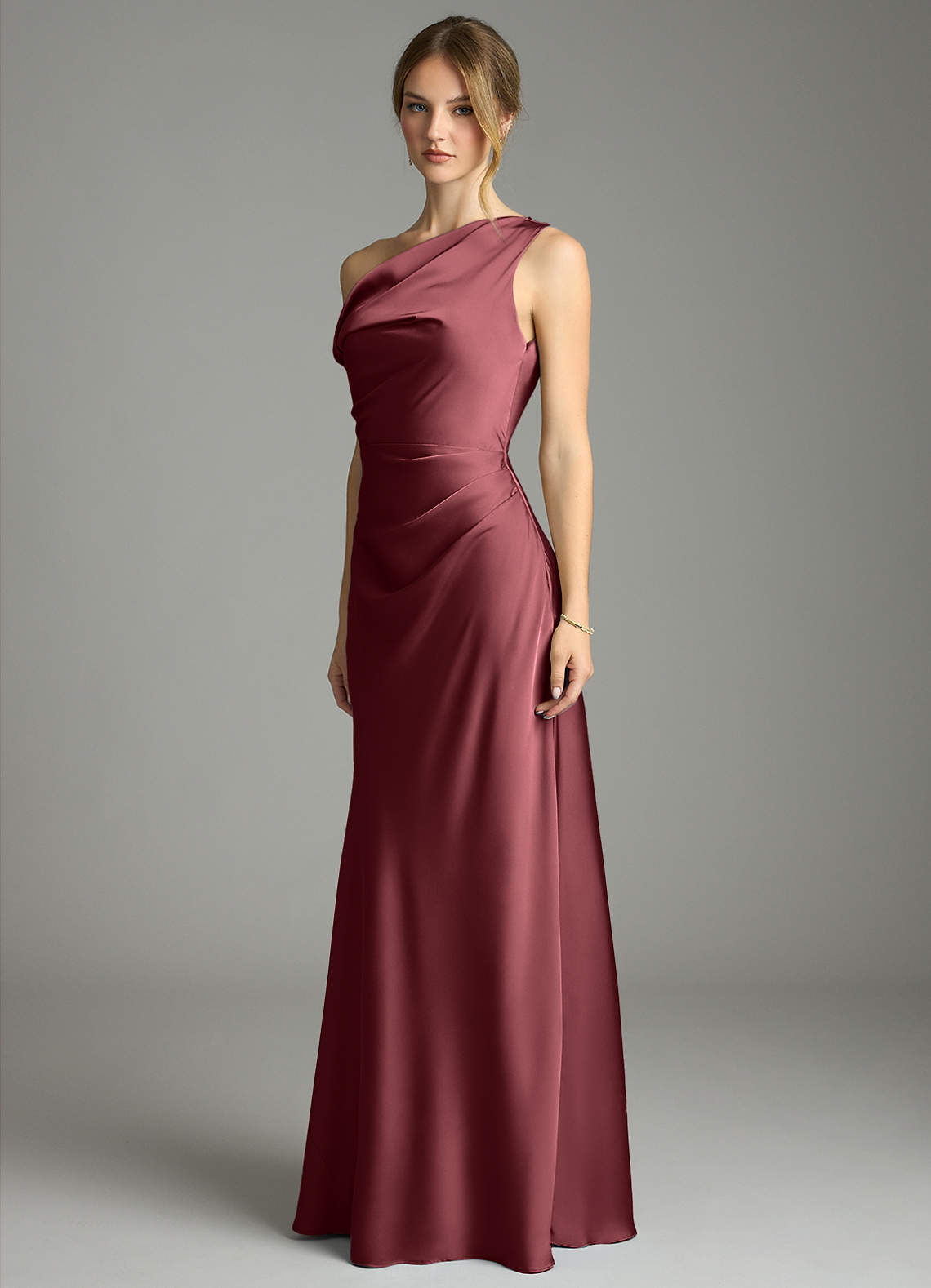 Azazie Emerson Bridesmaid Dresses Merlot Mermaid Off the Shoulder Stretch Satin Dress image1