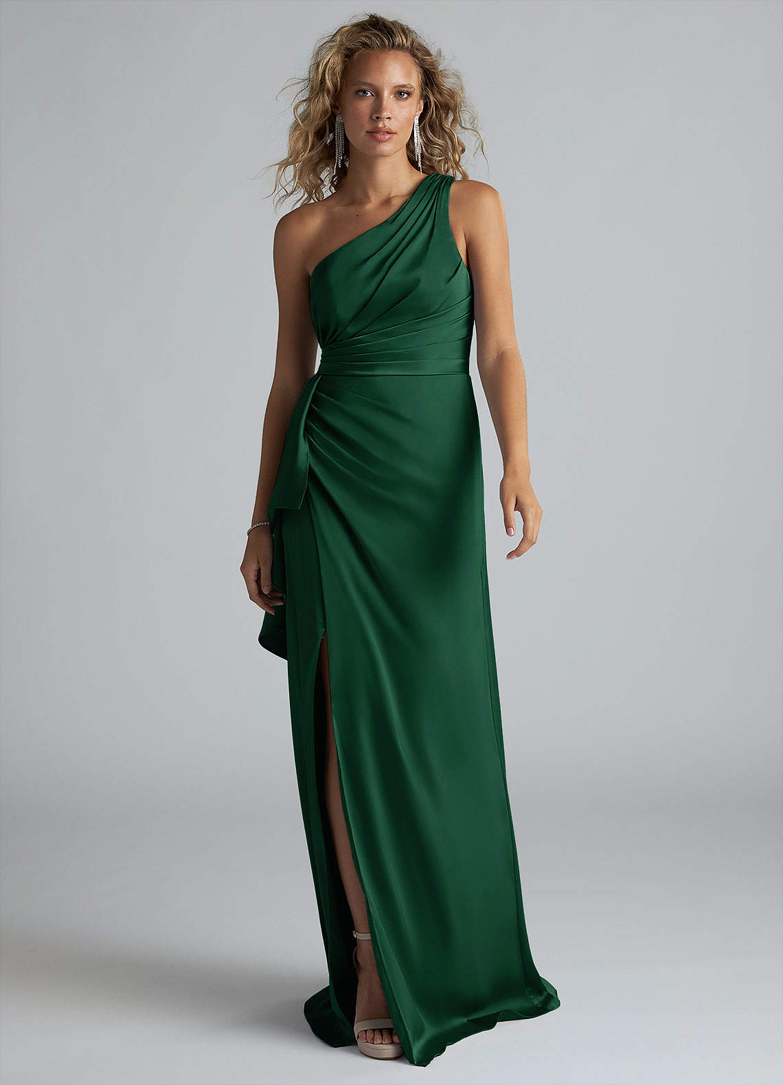 Maive Emerald Green Sheath Ruched Stretch Satin Dress image1