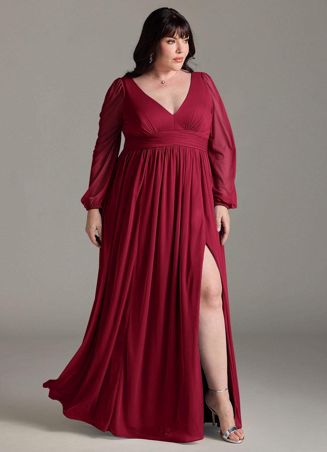 Azazie Norah Bridesmaid Dresses Burgundy A-Line V-Neck Long Sleeve Chiffon Dress image8