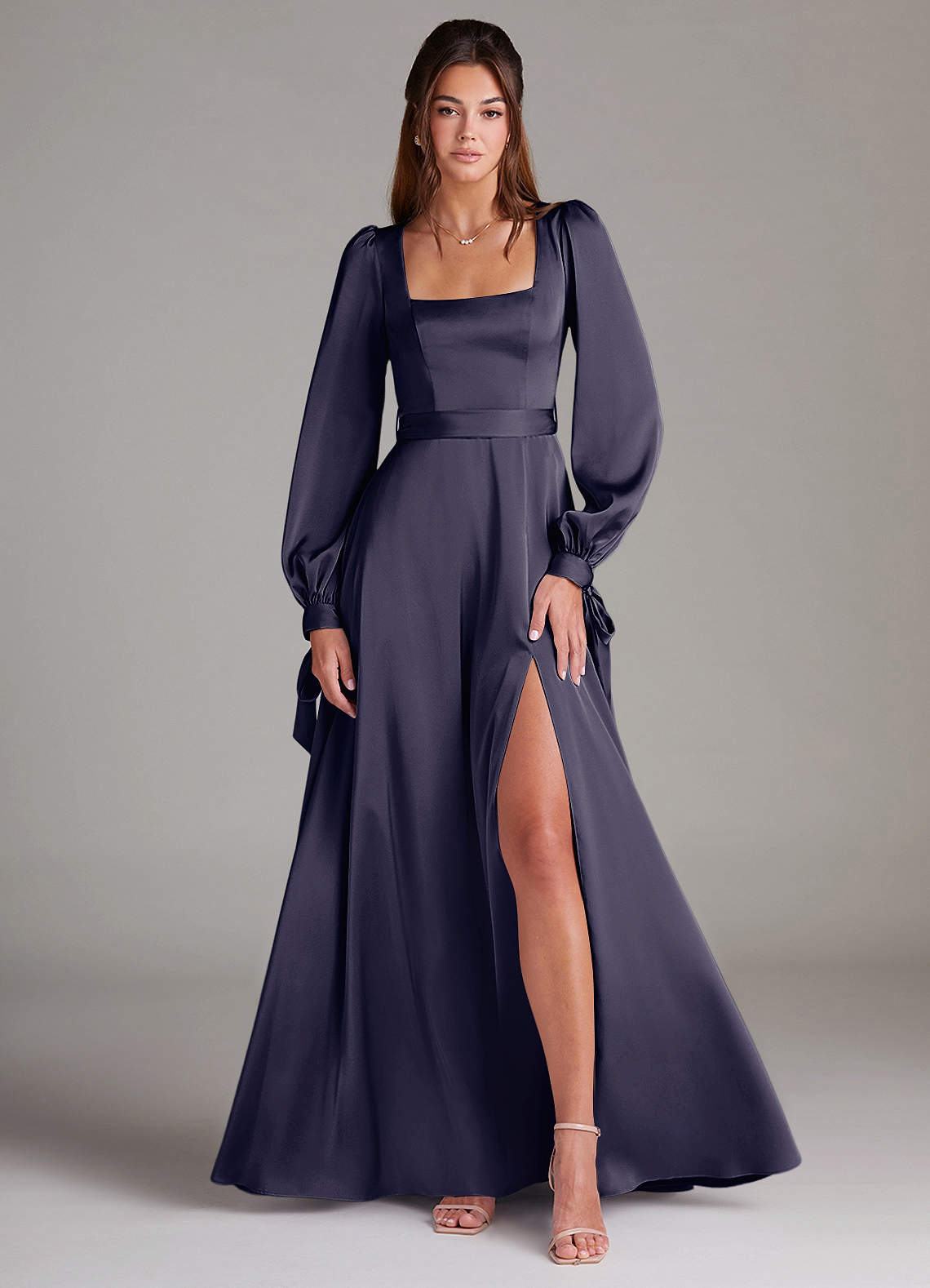 Azazie Leonia Bridesmaid Dresses Stormy A-Line Long Sleeve Stretch Satin Dress image1