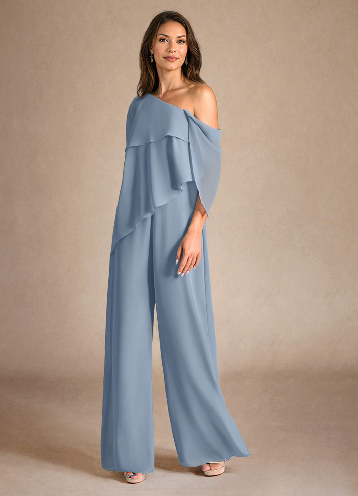 Azazie Halima Mère de la mariée Robes Robe Combinaison/Tailleur Pantalon en Mousseline de soie Fente Latérale Bleu Poussiéreux image1