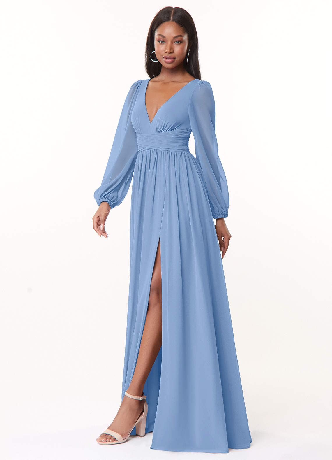 Azazie Norah Bridesmaid Dresses Steel Blue A-Line V-Neck Long Sleeve Chiffon Dress image3