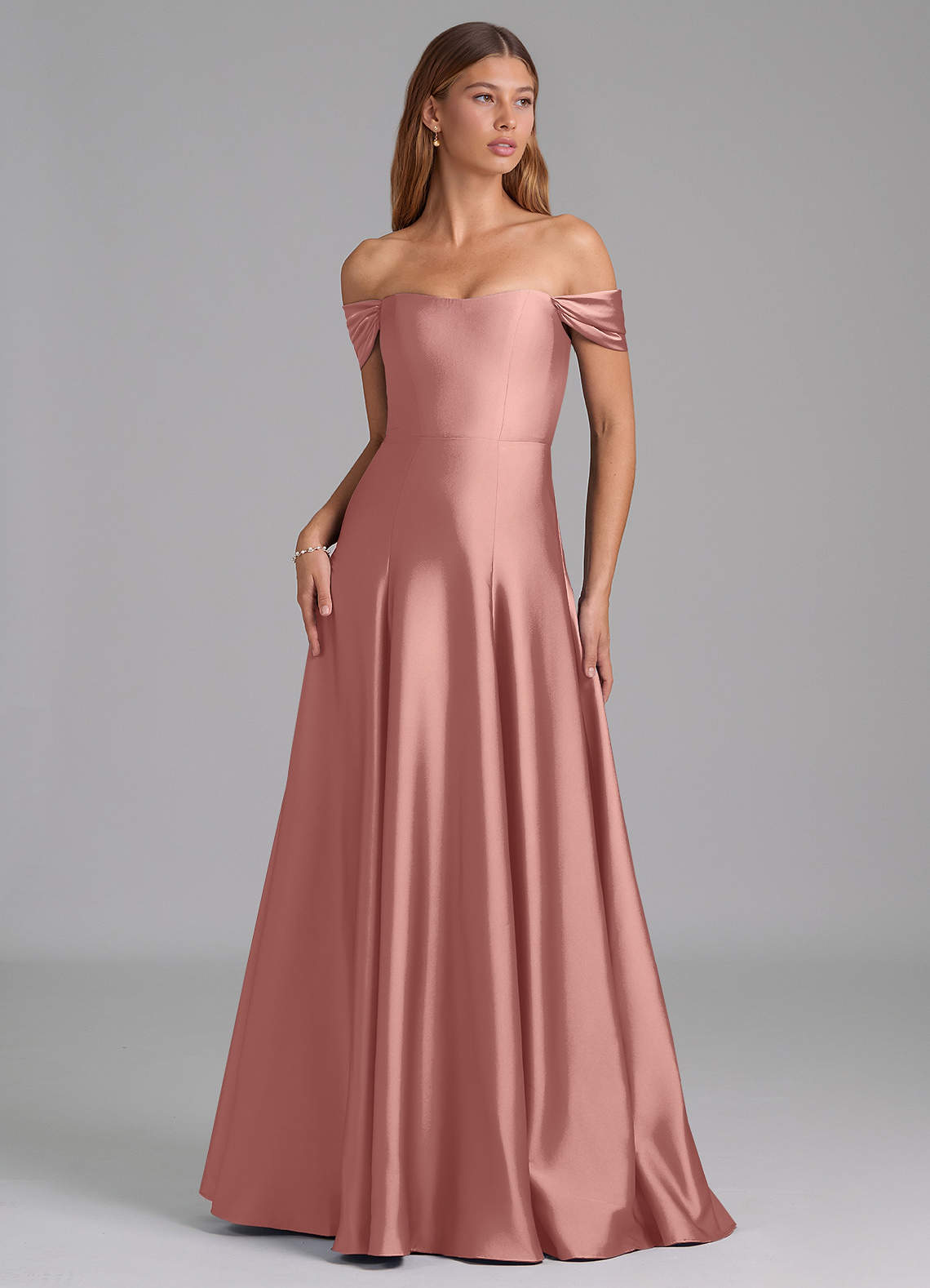 Azazie Seriana Bridesmaid Dresses Rosette A-Line Off the Shoulder Stretch Satin Convertible Dress image1