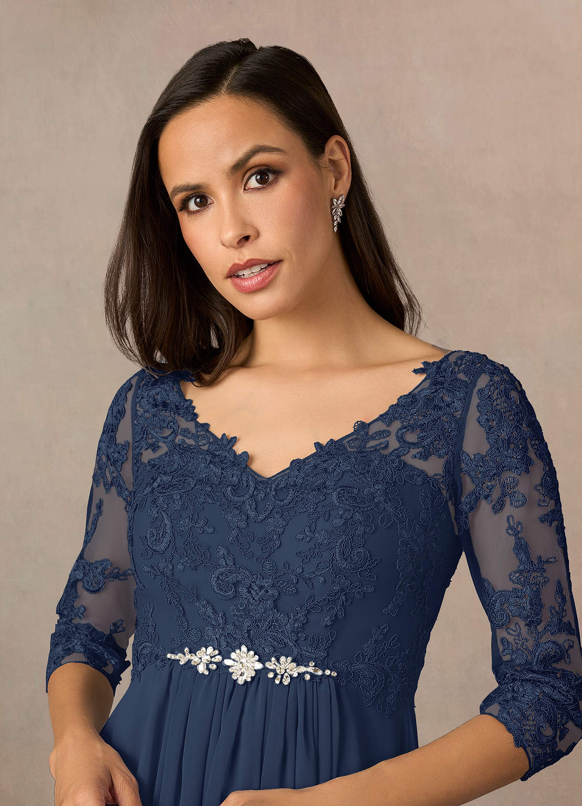 Azazie Hayek Mother of the Bride Dresses Dark Navy A-Line V-Neck Lace Chiffon Dress image2