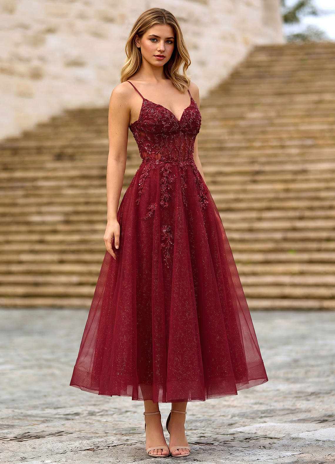 beaded burgundy bridesmaid dress Azazie 2026 Corset Lace Up A-Line Prom Dress Burgundy Gown