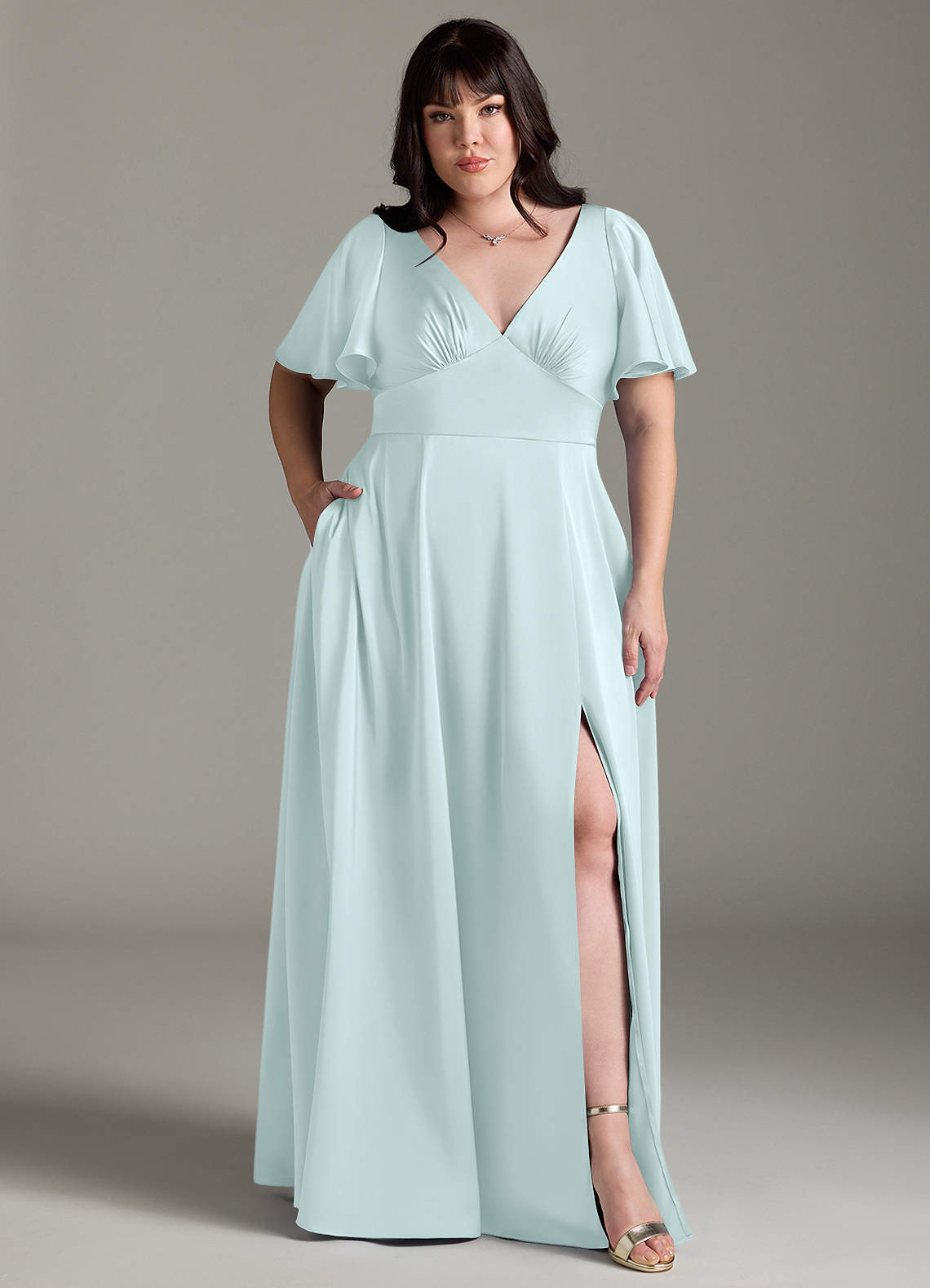 Azazie Kimber Bridesmaid Dresses Sea Glass A-Line Ruched Stretch Satin Dress image1