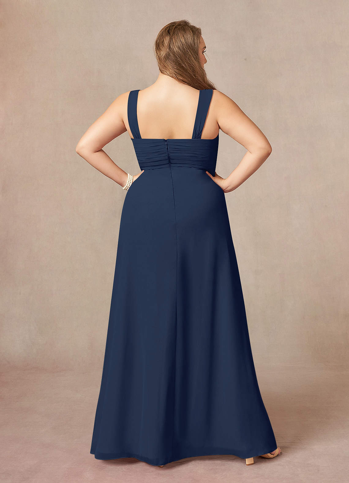 Azazie Weisz Dark Navy A-Line Square Neckline Pleated Chiffon Dress | Azazie