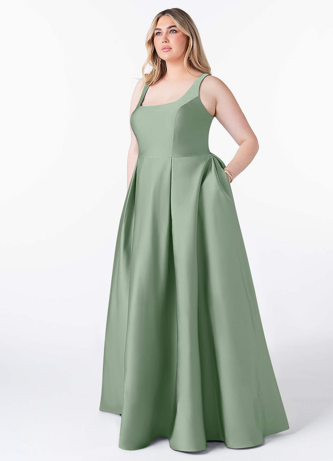 Azazie Neve Brautjungfernkleider Ballkleid mit Taschen Stretch-Satin Kleid Matcha image1